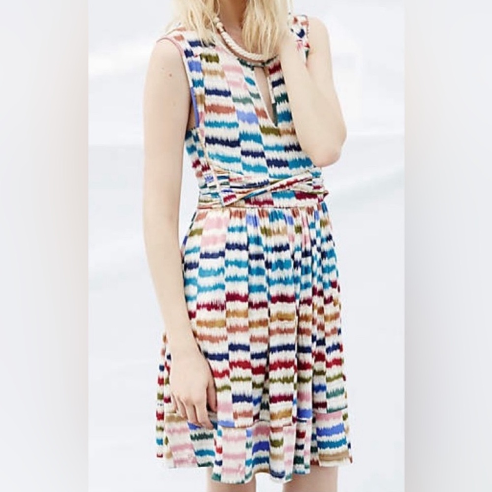 Anthropologie Maeve Sennebec Rainbow Dress Sleeveless Keyhole Knit Lined Pockets